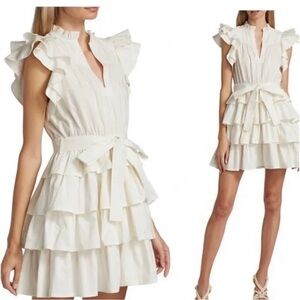 Ulla Johnson Cream Tiered Ruffle Mini Dress with Waist Tie
